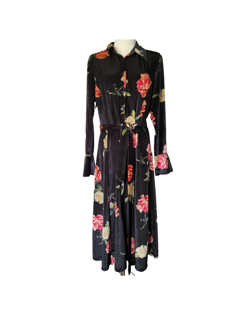 Black Velvet Floral Robe Housecoat Womens M Whimsygoth Dark Fairy Kate & Mallory